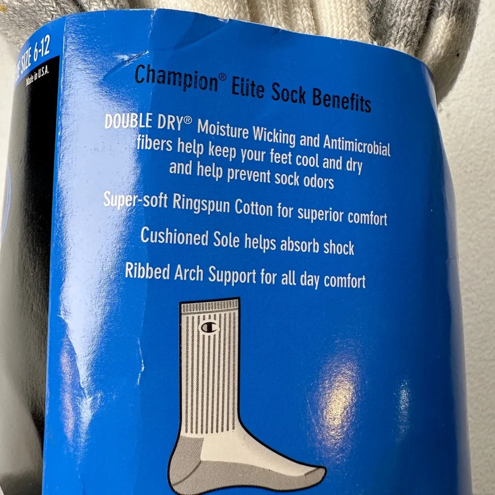 NOS Champion Elite Crew Socks White Grey Cotton Blend 6 Pair Pack Shoe Size 6-12